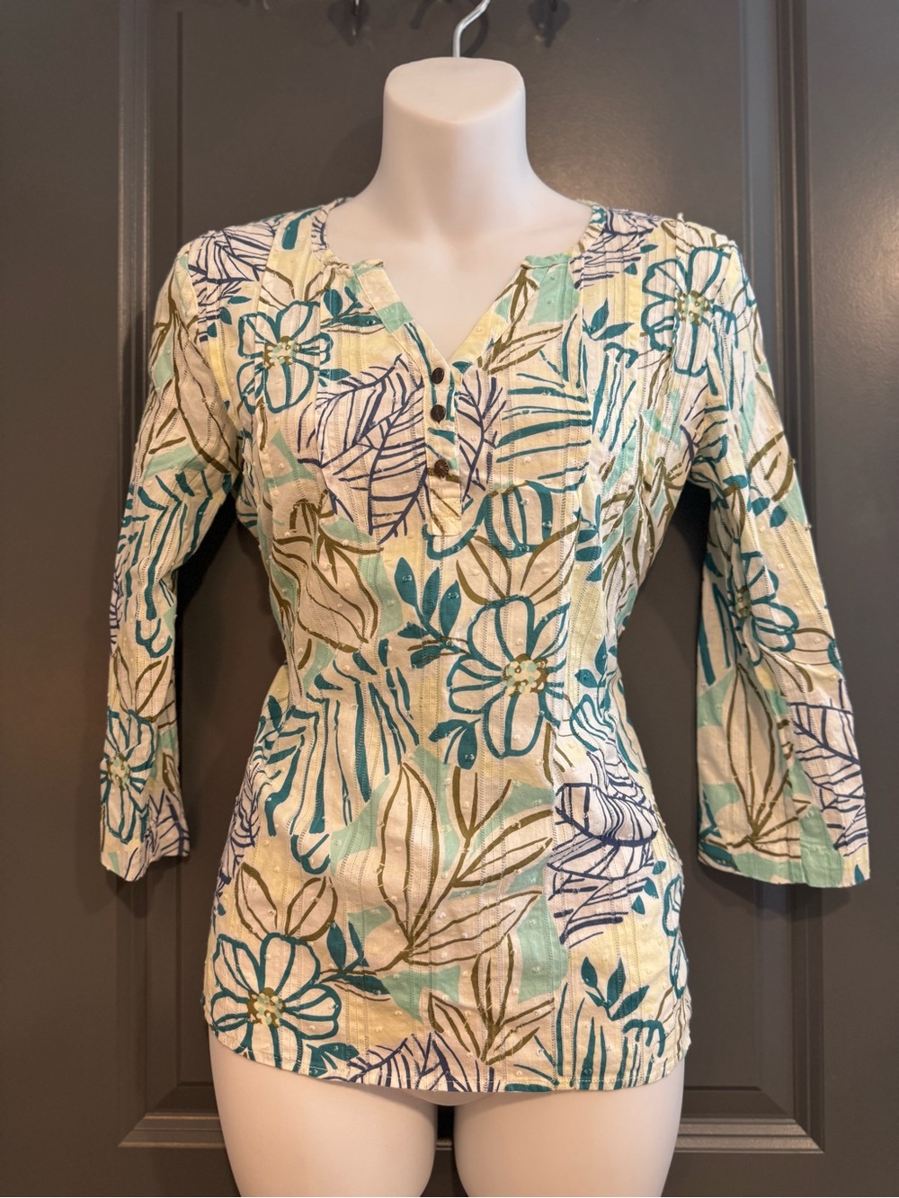 Royal Robbin’s Floral Print Cotton Tunic Top in Teal, Green & White
